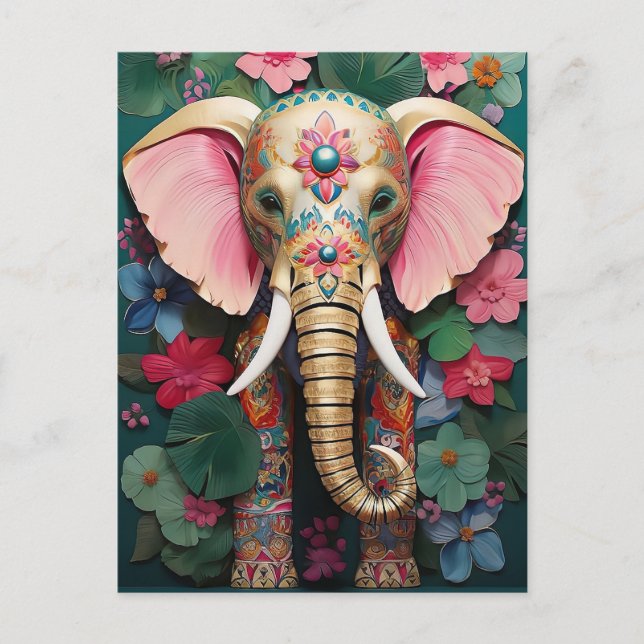 Postal goldener Elefant mit bunten Blumen (Anverso)