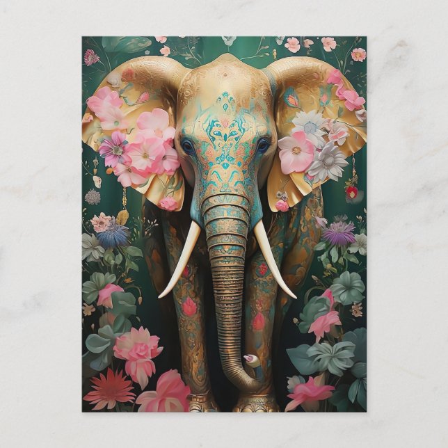 Postal goldener Elefant mit bunten Blumen (Anverso)