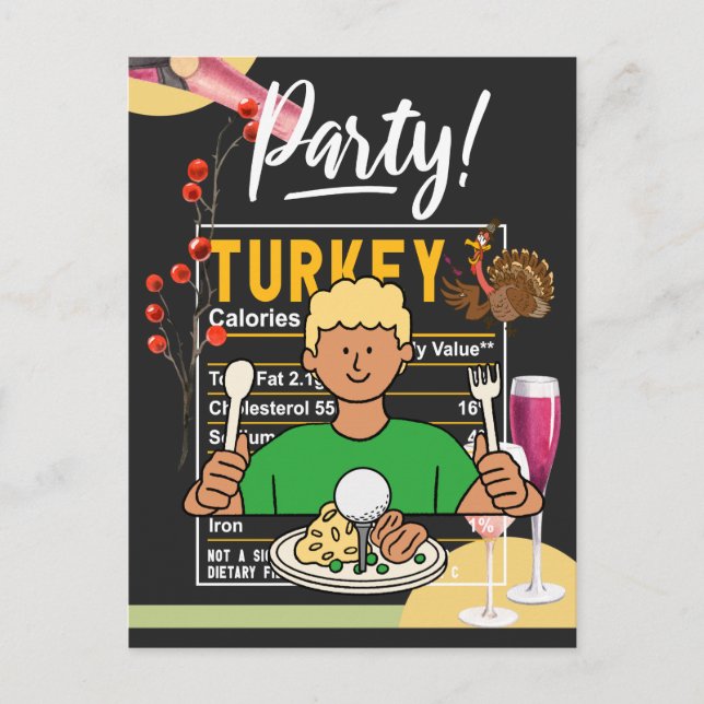 Postal Golf Acción de Gracias golfista come bolas de pavo (Anverso)