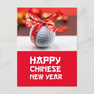 Postal Golf Año Nuevo chino con pelota y cinta roja