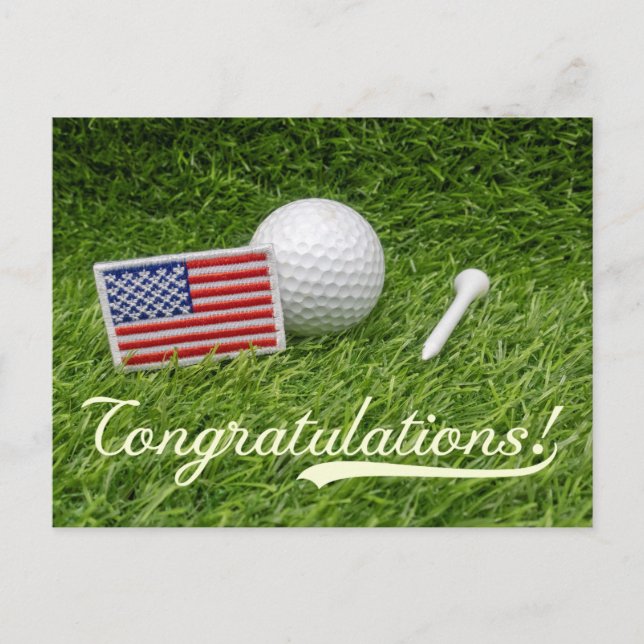 Postal Golf Ball Felicitaciones con bandera de América (Anverso)