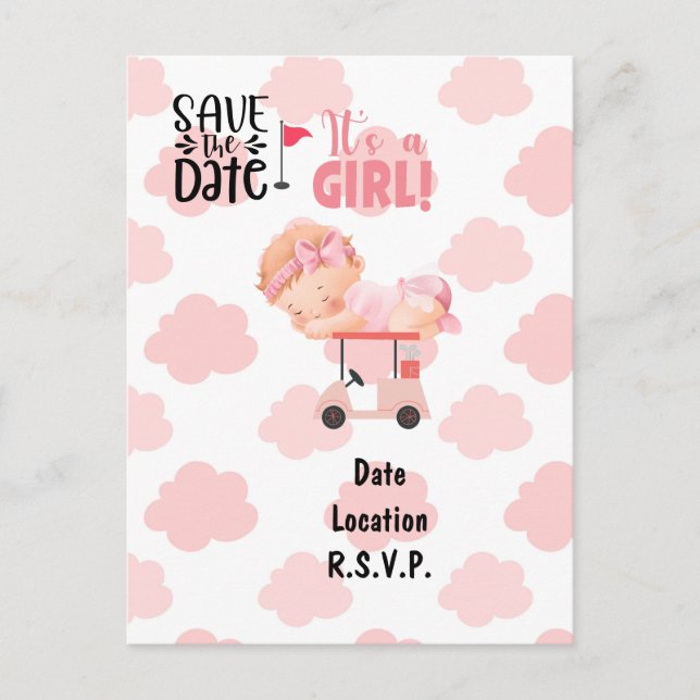 Postal Golf bebé ducha bebé niña golfista de temática ros (Anverso)