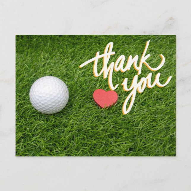 Postal Golf bola corazón rojo en verde con amor gracias (Anverso)