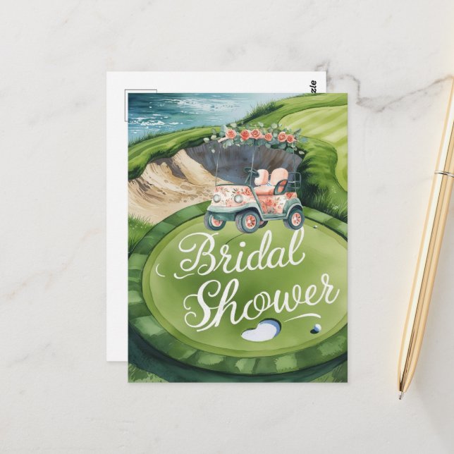 Postal Golf Bridal Shower con carrito de golf para Bride  (Anverso/Reverso In Situ)