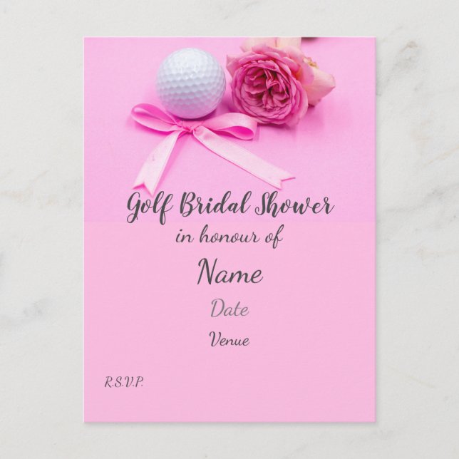 Postal Golf Bridal Shower con pelota de golf y rosas rosa (Anverso)