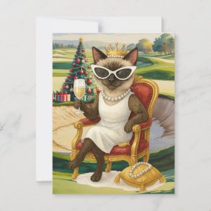 Postal Golf Cat bebe vino en Navidades del Campo de Golf