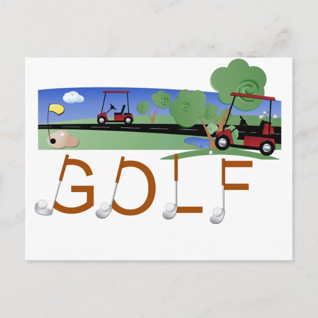 Postal Golf con carritos de golf camisetas y regalos (Anverso)
