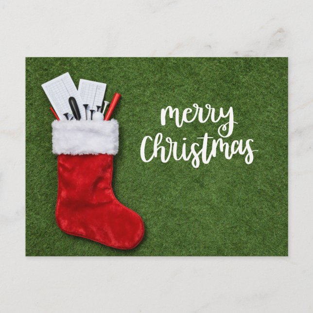 Postal Golf con tema de Navidad en verde para golfista (Anverso)