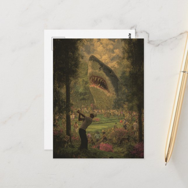 Postal Golf con tiburón surrealista (Anverso/Reverso In Situ)