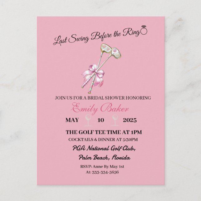 Postal Golf Coquette Rosa "Último Swing Antes Del Anillo" (Anverso)