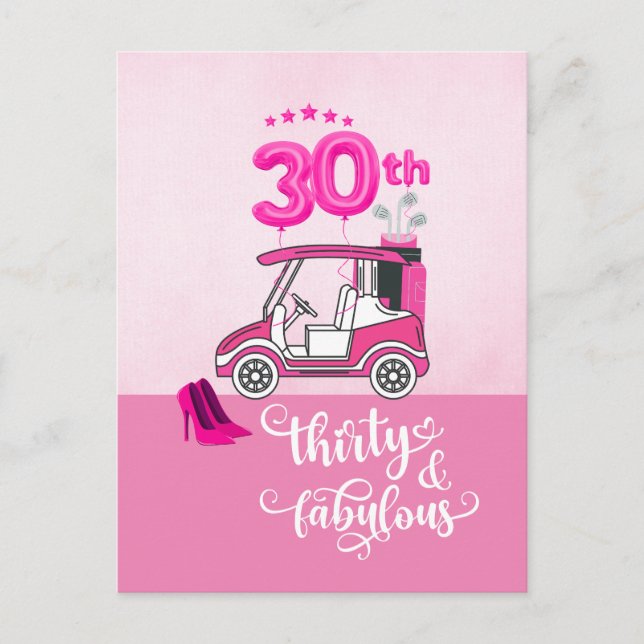 Postal Golf Cumpleaños 30 para golfista tema rosa (Anverso)