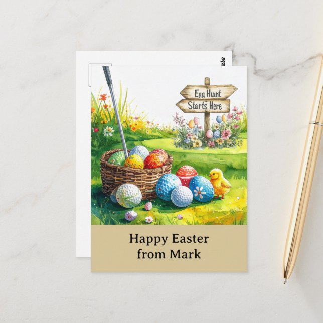 Postal Golf Easter for golfer watercolor Spring (Anverso/Reverso In Situ)