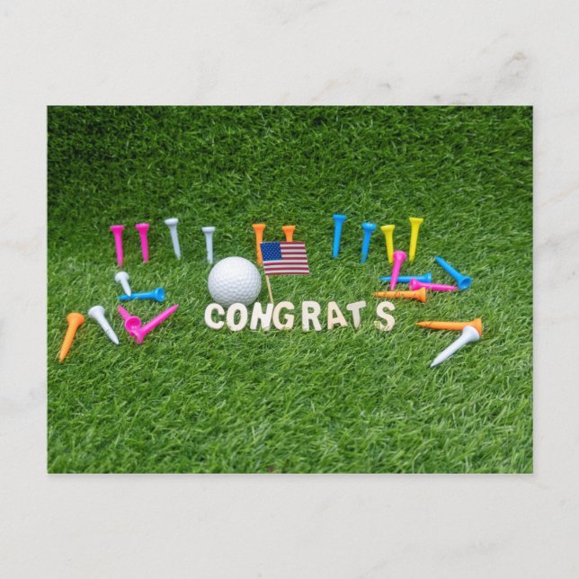Postal Golf Felicitaciones con bandera de América en verd (Anverso)