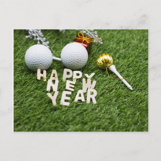 Postal Golf Feliz Año Nuevo con adorno de trompas de golf (Anverso)