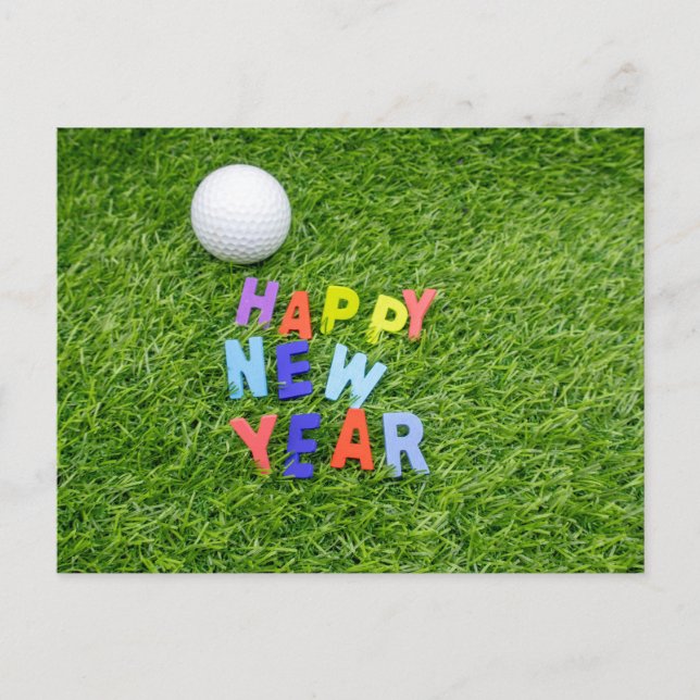 Postal Golf Feliz Año Nuevo con bola de golf en césped ve (Anverso)