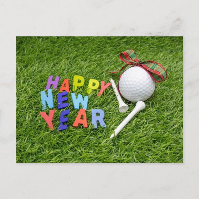 Postal Golf Feliz Año Nuevo con bola de golf en césped ve (Anverso)