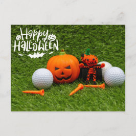 Postal Golf Feliz Halloween con calabaza y bolas de golf