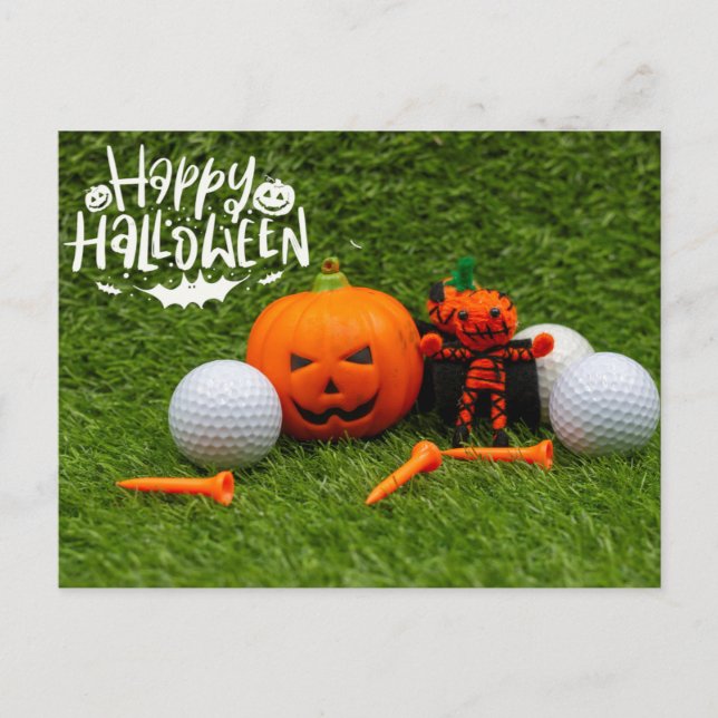 Postal Golf Feliz Halloween con calabaza y bolas de golf (Anverso)