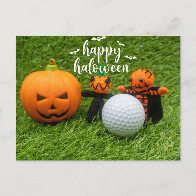 Postal Golf Feliz Halloween con calabaza y bolas de golf (Anverso)