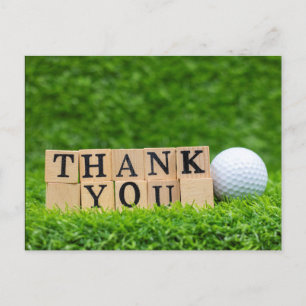 Postal Golf Gracias carta con bola sobre césped verde