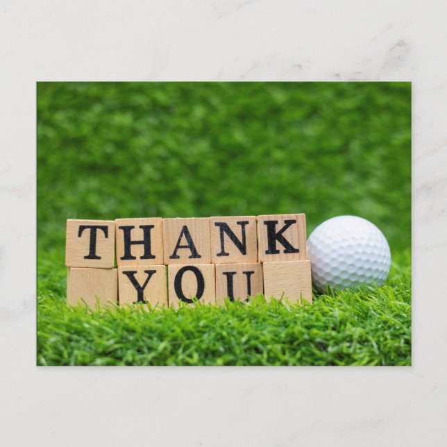 Postal Golf Gracias carta con bola sobre césped verde (Anverso)