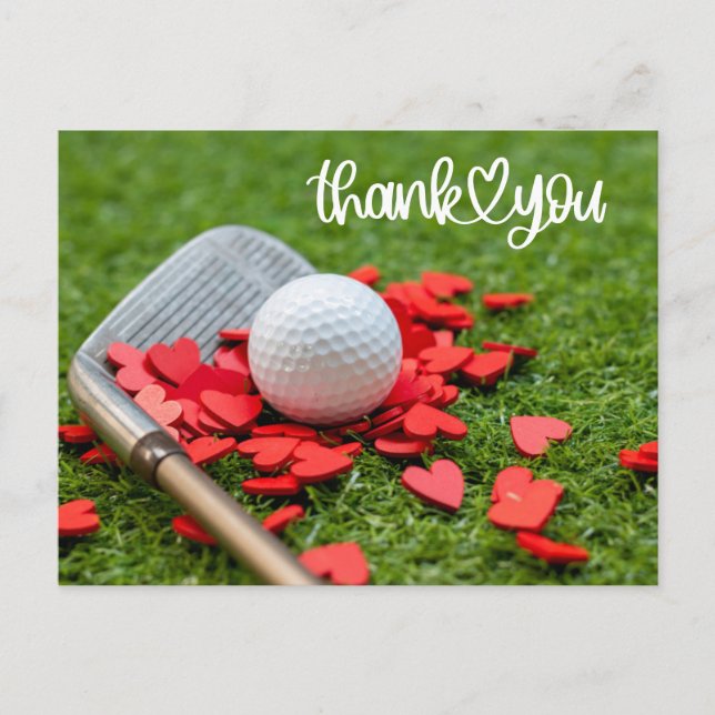 Postal Golf Gracias con amor corazón rojo en golfista ver (Anverso)
