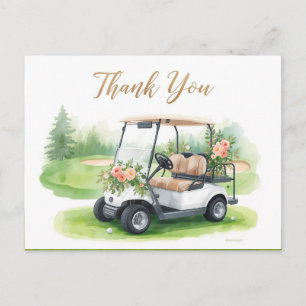 Postal Golf Gracias con carrito de golf y flores