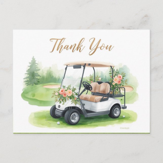 Postal Golf Gracias con carrito de golf y flores (Anverso)