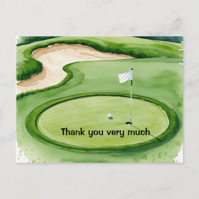 Postal Golf Gracias con pelota de golf sobre césped verde (Anverso)