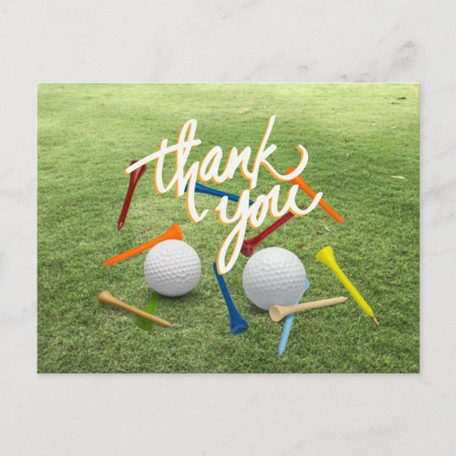 Postal Golf Gracias con pelota de golf y tee en verde    (Anverso)