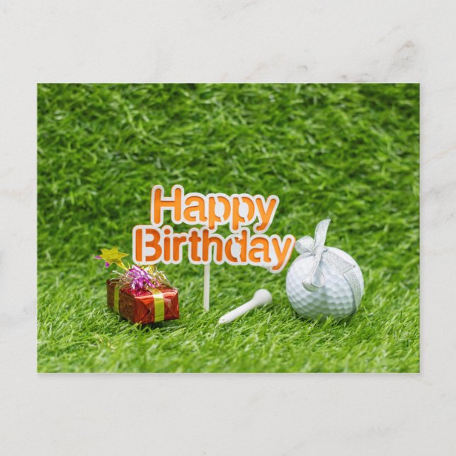 Postal Golf Happy Birthday con cartón y regalos de bolas  (Anverso)