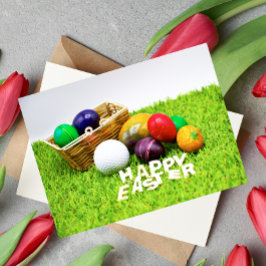 Postal Golf Happy Easter con bola de golf y huevos de col