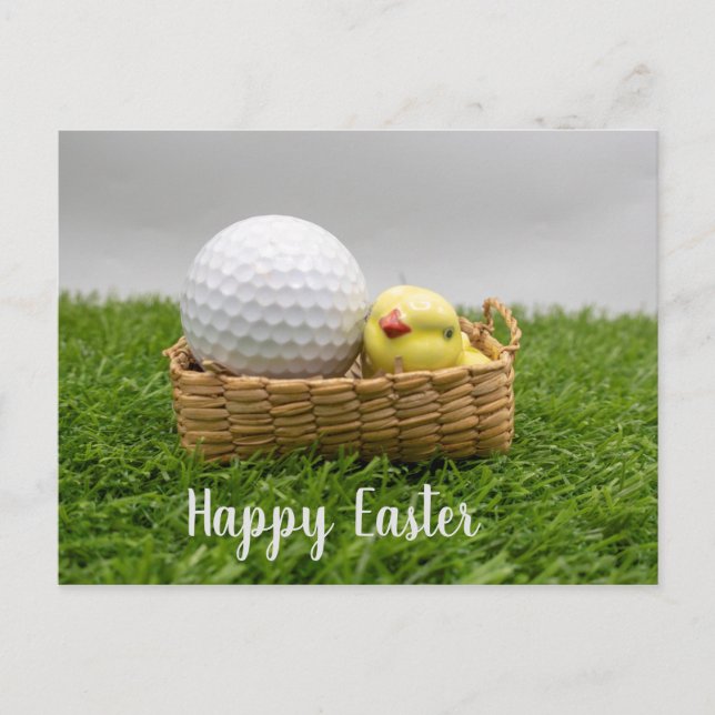 Postal Golf Happy Easter con bola de golf y pollo (Anverso)