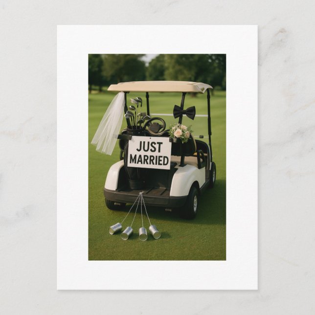 Postal Golf Just Married con carrito de golf (Anverso)