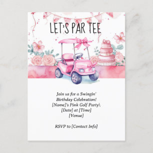 Postal Golf Let's Par tee con carrito de golf rosa para c