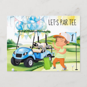 Postal Golf Let's Par tee Golfer en la bandera en verde