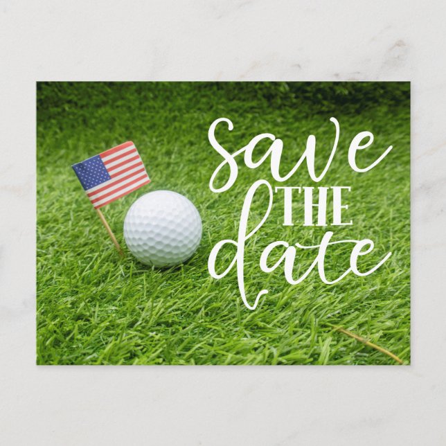 Postal Golf Salva la fecha con bola de golf y bandera de  (Anverso)