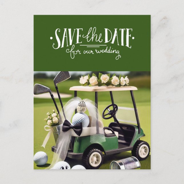 Postal Golf Salva la Fecha con carrito de golf en verde (Anverso)