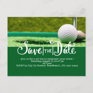 Postal Golf salvar la fecha con bola de golf y palo