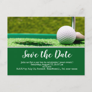 Postal Golf salvar la fecha con bola de golf y putter