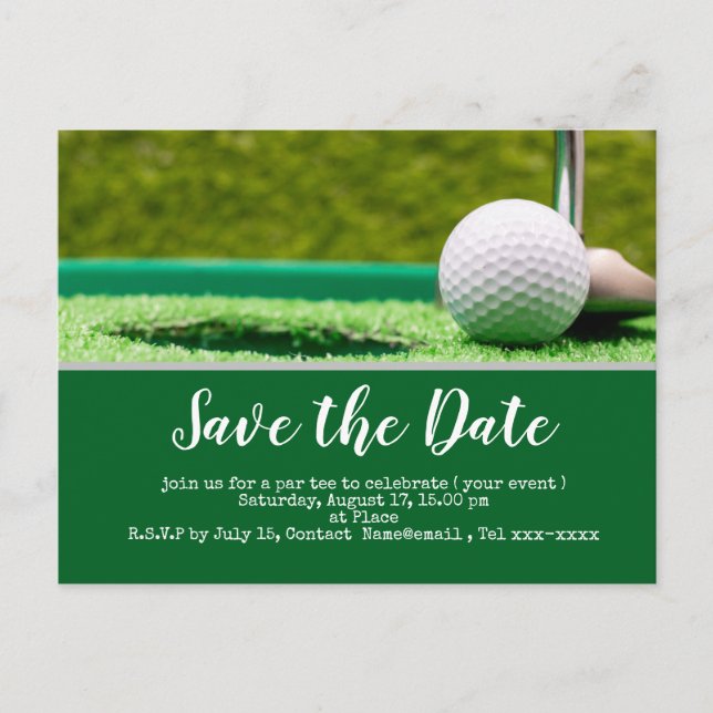 Postal Golf salvar la fecha con bola de golf y putter (Anverso)