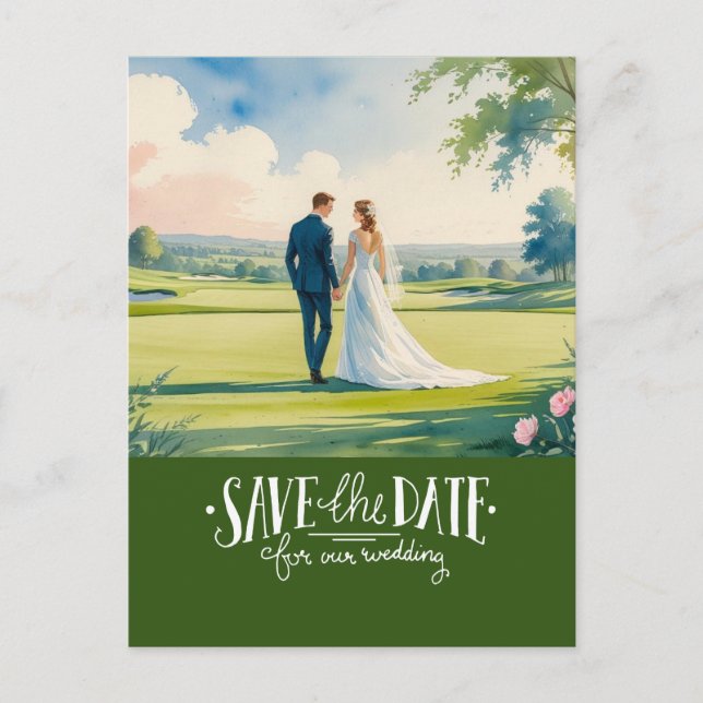 Postal Golf salvar la fecha para la boda novia novio  (Anverso)