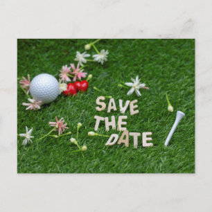 Postal Golf Salve la cita con la bola de golf y las flore