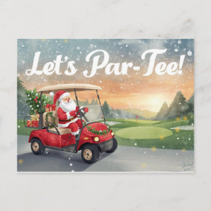 Postal Golf Santa en Carrito Rojo – Divertida Fiesta de P