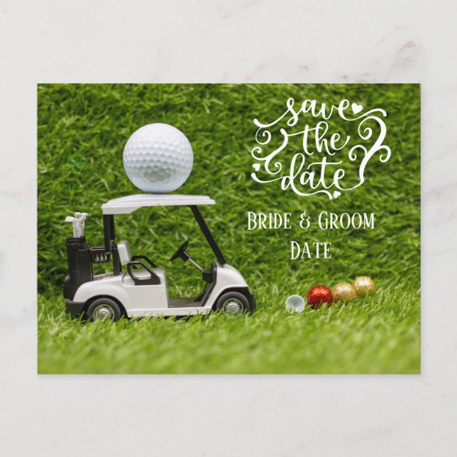Postal Golf Save the Date carrito de golf y bola en verde (Anverso)