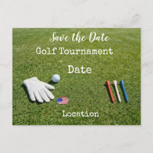 Postal Golf Save the Date con bola de golf y bandera amer