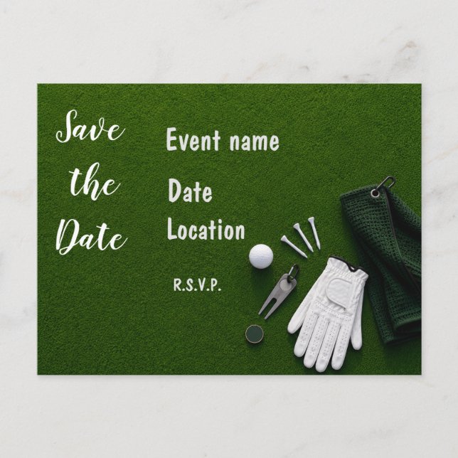 Postal Golf Save the Date con bolas de golf en hierba ver (Anverso)