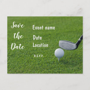 Postal Golf Save the Date con bolas de golf sobre césped 