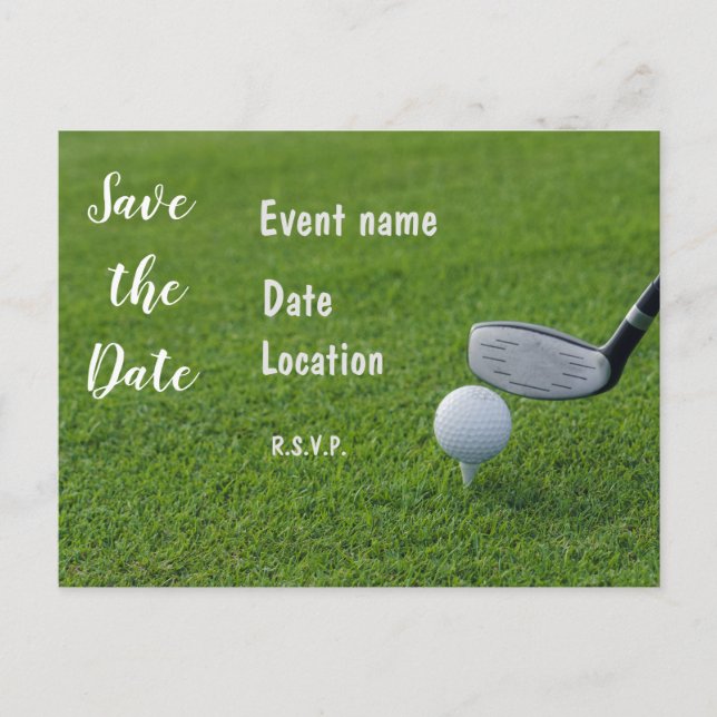 Postal Golf Save the Date con bolas de golf sobre césped  (Anverso)