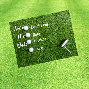 Postal Golf Save the Date con bolas de golf sobre césped 